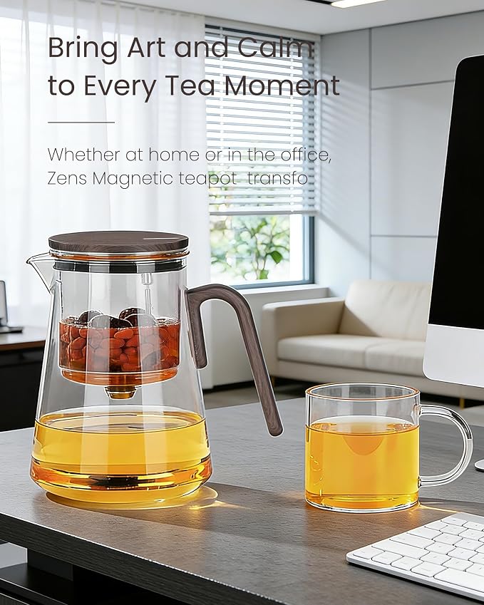 ZENS Enchanted Teapot Set, Magnetic Glass Tea Infuser Pot with 2 Cups for Loose Leaf Tea Steeper, Magic Tea Maker, Mess-Free Loose Tea Diffusers for Tea Lovers Ideal Gifts, 34oz (1000 ml)
