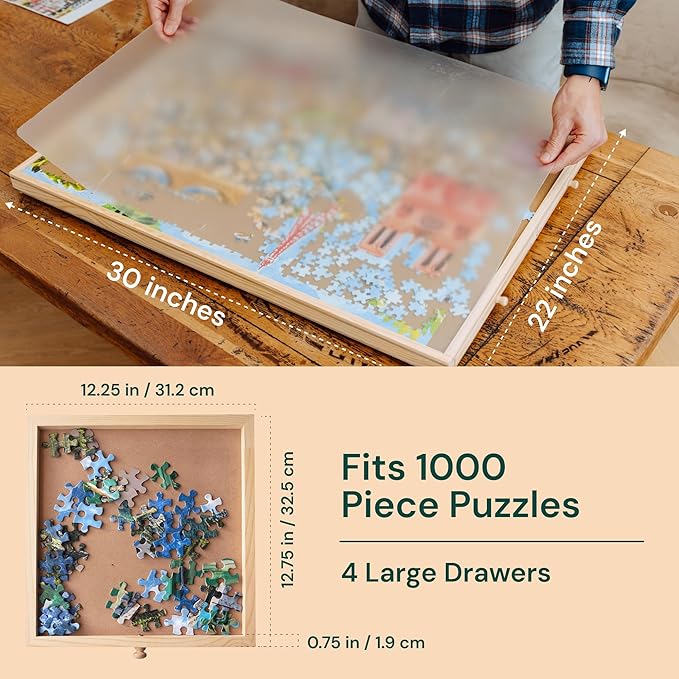 PlayVibe 1000 Piece Puzzle Board with Drawers and Cover - Portable Wooden Jigsaw Puzzle Tray with Drawers, Solve Station & Sturdy Table, Cozy Indoor Game Night