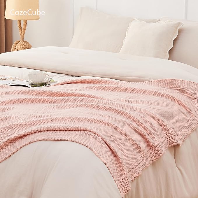 CozeCube Pink Seed Stitch Throw Blanket 60"x80", Farmhouse Decor | Blanket for Couch, Soft Cozy Cable Knit Throw for Bed Sofa Living Room, Lightweight Warm Decorative Christmas Blanket