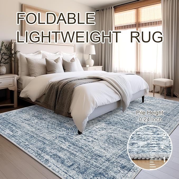 Soalmost 5x7 Area Rugs Blue Low Pile Washable Trendy Faded Style Rug | Vintage Non-Slip Indoor Accent for Bedroom Dining, Foldable Stain Resistant Floor Carpet Mat Under Table Home Office Decor