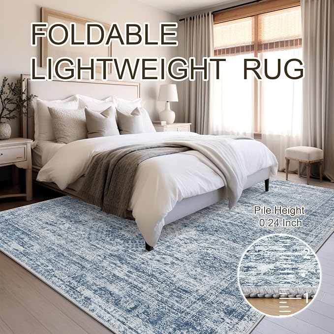 Soalmost 6x9 Area Rug for Living Room Washable Rugs Non-Slip Blue | Low-Pile Vintage Carpet for Dining Bedroom, Foldable Thin Stain Resistant Floor Mat Under Table Home Office Nursery Decor