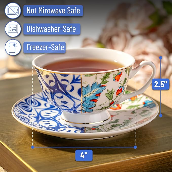 BTaT- Floral Tea Cups and Saucers, 8 oz, Fine Porcelain Teacup Set with Gold Trim for Afternoon Tea, Weddings, Parties & Gifting, Dishwasher Safe, Lightweight, Non-Toxic, Set of 6