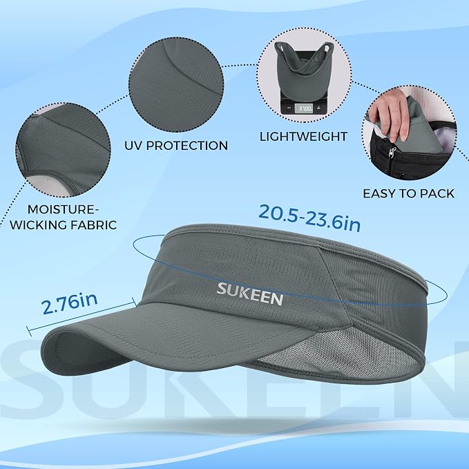 Sukeen Lightweight Sports Sun Visor Hat for Men Women | Packable, breathable, quick-dry, UPF50+ cooling visor hat, stretch fit, for running, tennis, golf, pickleball, softball