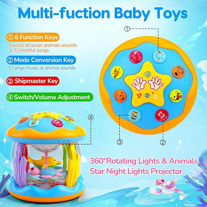 Baby Toys 0-6 Months Ocean Rotating Projector Musical Light Up Tummy Time Toys for Infants 0-3 4 5 6 7 8 9 Months Baby Aquarium Crawling Toys 6-12 Month Boys Girls 1 2 Year Old Birthday Newborn Gifts