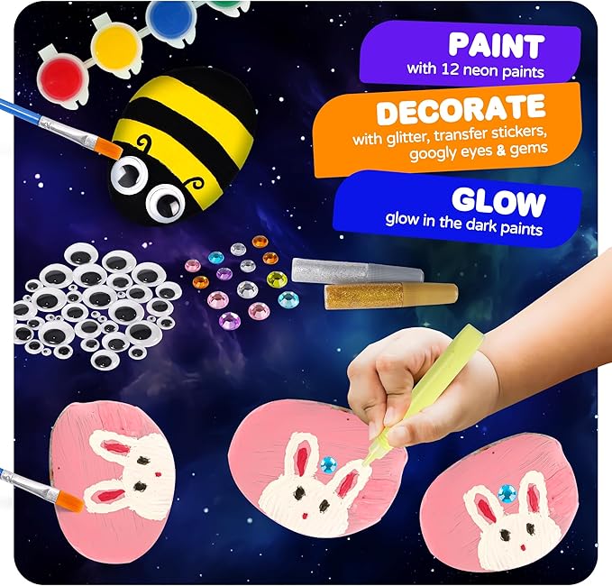 Rock Painting Kit for Kids Ages 6-12, Glow in The Dark Rock Paint, Arts and Crafts Birthday Party Gifts for Boys Girls 6 7 8 9 10 12 Year Old, Creative Craft Activity Kits, Art & Crafts Supplies Toys