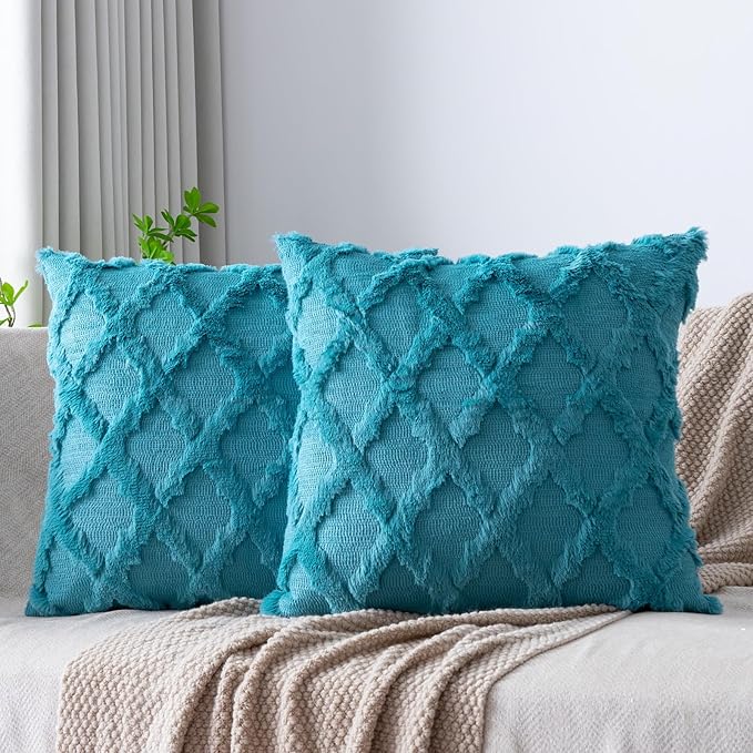 Set of 2 Soft Moroccan Throw Pillow Covers 24x24 Inch Plush Boho Decorative Pillow Cover Accent Cushion Case for Couch Sofa Bed, Teal