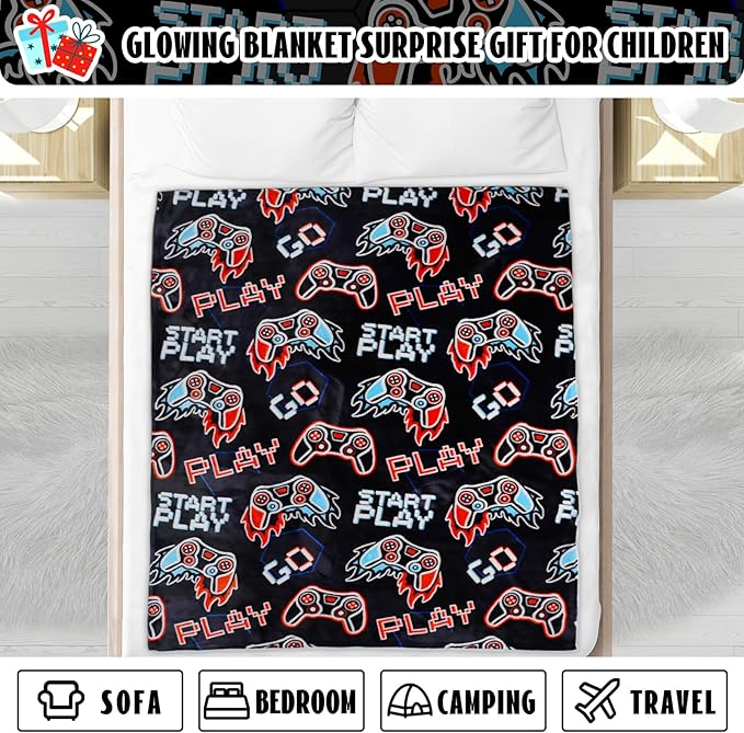 ORDM Glow in The Dark Blanket Boys Gaming Controller Throw Blanket Game Controller Gifts for Boys Toys Age 1-15 Years Old Unique Birthday Gifts Room Decor Luminous Blanket