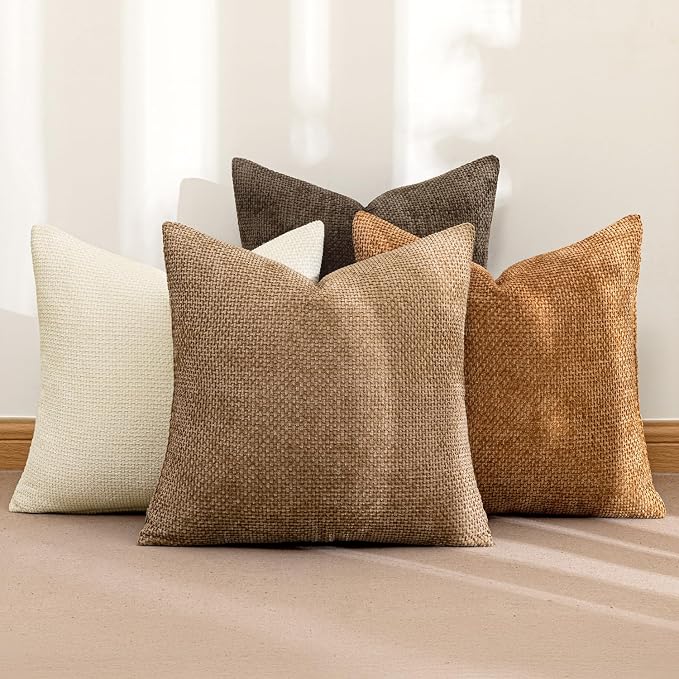 MIULEE Soft Decorative Chenille Fall Pillow Covers Brown 20x20 Pack of 4 | Rustic Home Decor, Layered Brown Collection, Couch Throw Pillows, Farmhouse Boho Cushion Covers for Sofa Bed Living Room