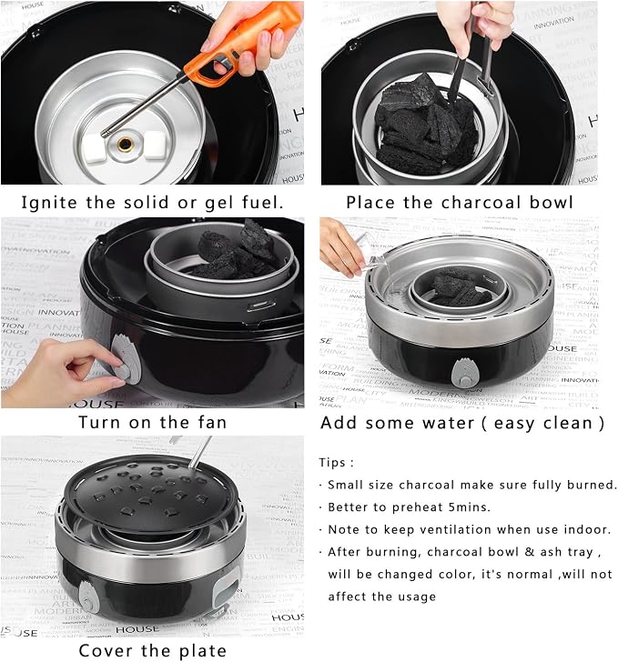 Portable Charcoal Outdoor BBQ Grill For Camping With Travel Bag - Small Tabletop Smoke ＆ Smokeless Pan Optional - Built In Electric Fan Power Supplied By Battery Charger Or Power Bank. (Luxury Black)