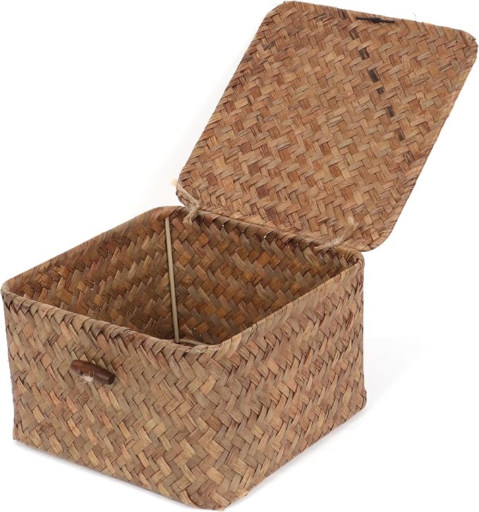 Moosky Wicker Shelf Baskets with Lid, Handwoven Seagrass Storage Basket Bins Square Gift Boxes for Shelves Home Decor Organizer (Coffee, X-Small)