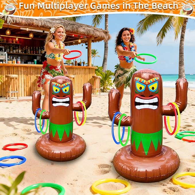 25" Inflatable Luau Tiki Pool Toss Games, Tiki Pool Ring Toss Toys with 4 Rings for Adults Indoor Outdoor Tropical Summer Swimming Inflatable Bean Bags Toss Hawaiian Luau Party Supplie
