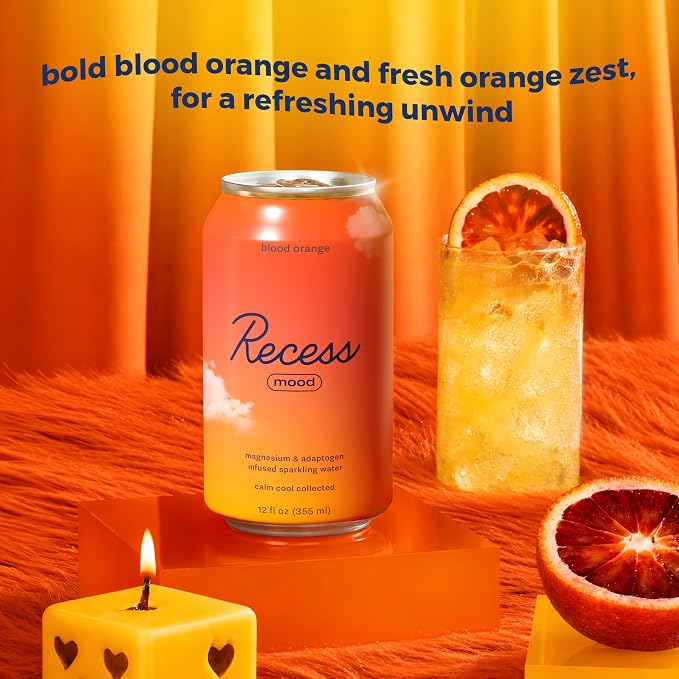 Recess Mood Magnesium & Adaptogen Drink, Relaxation Beverage, 12 ounce (Blood Orange, 12 pack)