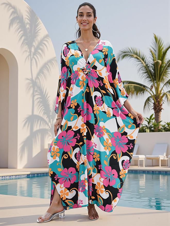 Mumu Dresses for Women Plus Size, Bohemian Kaftan Beach Cover Up Long Maxi Nightgown Soft Loungewear