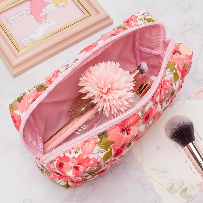 PAZIMIIK Small Quilted Makeup Bag,Zipper Cosmetic Pouch,Floral Red | Lightweight Cosmetic Bag Organizer for Women,Purse Storage Holds Makeup,Toiletries,Skincare,Beauty Essentials,Travel Items