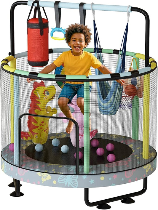 LAMERGE 55" 7-in-1 Round Trampoline for Kids Boys & Girls Ages 1-8, Indoor & Outdoor Trampoline for Fun, Adjustable Height Handrail ＆ Enclosed Safety Net ＆ Durable Designs for Toddlers Children