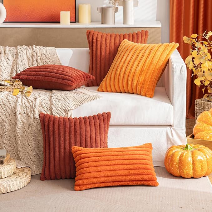 MIULEE Fall Faux Fur Lumbar Decorative Throw Pillow Covers 12x20 Rust | Set of 2, Vintage Boho Fall Modern Soft Plush Couch Pillows, Cozy Fluffy Cushion Covers for Sofa Bed Living Room Home Decor
