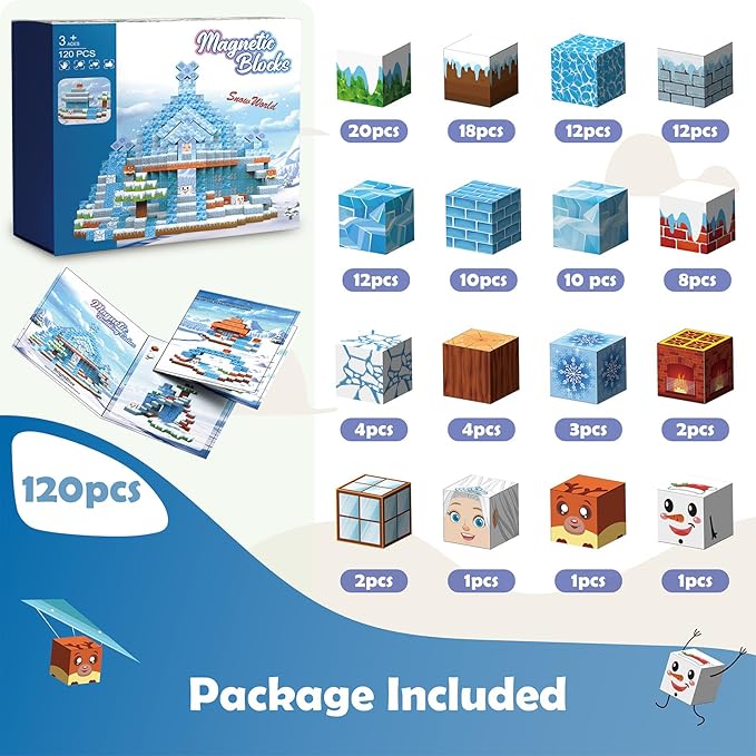 Magnetic Blocks, 120PCS Magnetic Building Blocks Magnet Cubes STEM Montessori Sensory Educational Toys for Kids Boys Girls (Ice-Castle)