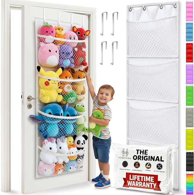 Honeyera The Original Stuffed Animal Storage (Patented) - Over Door Organizer for Stuffies, Toy Plush, Hammock Baby Hanging Storage Net for Big Girls, Toddler, Large Bag Animals, White