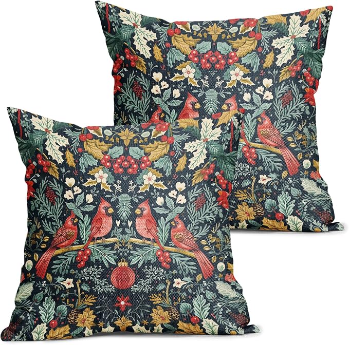 Christmas Pillow Covers 16X16 Inch Cardinal Red Birds Berry Leaves Decorative Pillow Cases Set of 2 Xmas Holiday Throw Pillows Home Decor for Sofa Couch Cushion Outdoor