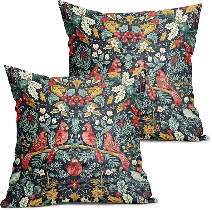 Christmas Pillow Covers 20X20 Inch Cardinal Red Birds Berry Leaves Decorative Pillow Cases Set of 2 Xmas Holiday Throw Pillows Home Decor for Sofa Couch Cushion Outdoor