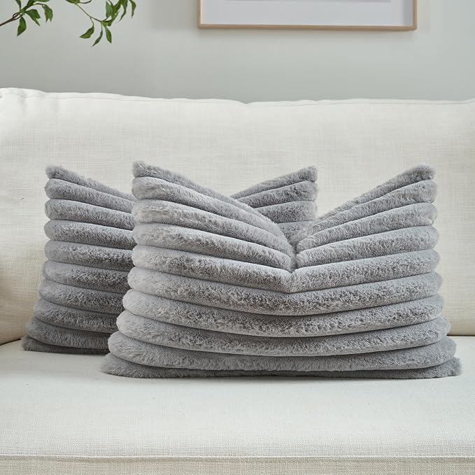 FUTEI Pack of 2 Faux Fur Throw Pillow Covers 12x20 Inch, Grey | Fluffy Faux Rabbit Fur Front/Premium Velvet Back,Hidden Zipper,Machine Washable,Non-Shedding,Colorfast,Insert Not Included.