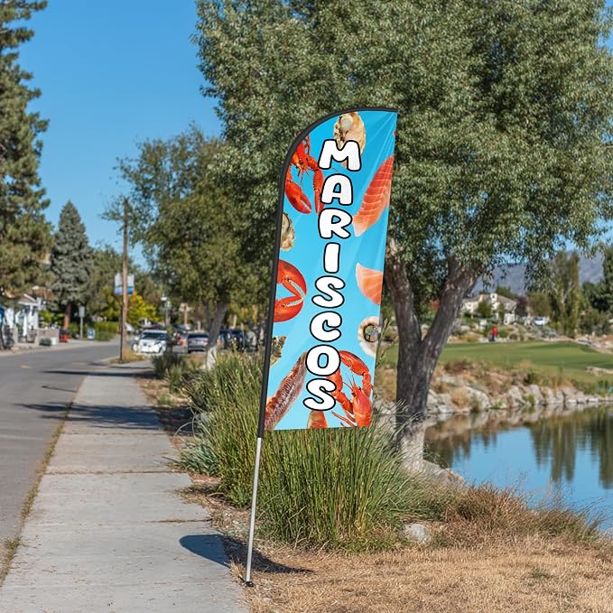 Mariscos Feather Flag for Storefronts Fairs,6 FT (Flagpole Not Included) | Business Advertising Flag