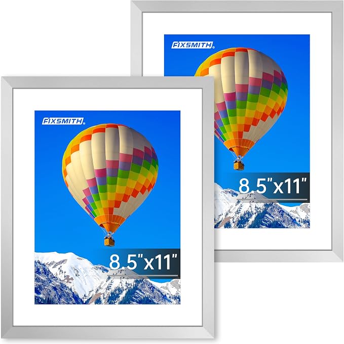 FIXSMITH 8.5x11 Picture Frame Set of 2, Silver Photo Frame with HD Plexiglass, Display Pictures 6x8 with Mat or 8.5x11 Without Mat, Black Picture Frames Collage Wall Decor, Gallery Wall Frame