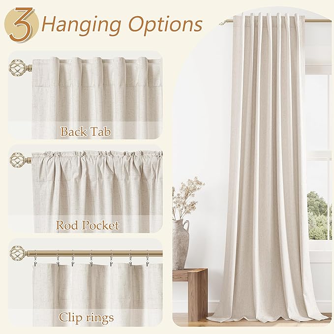 100% Blackout Linen Curtains 86 Inch Length 2 Panels Set for Living Room Bedroom Back Tab Thermal Insulated Black Out Drapes Room Darkening Farmhouse Style for Bedroom Window Curtains 86 Inches Long