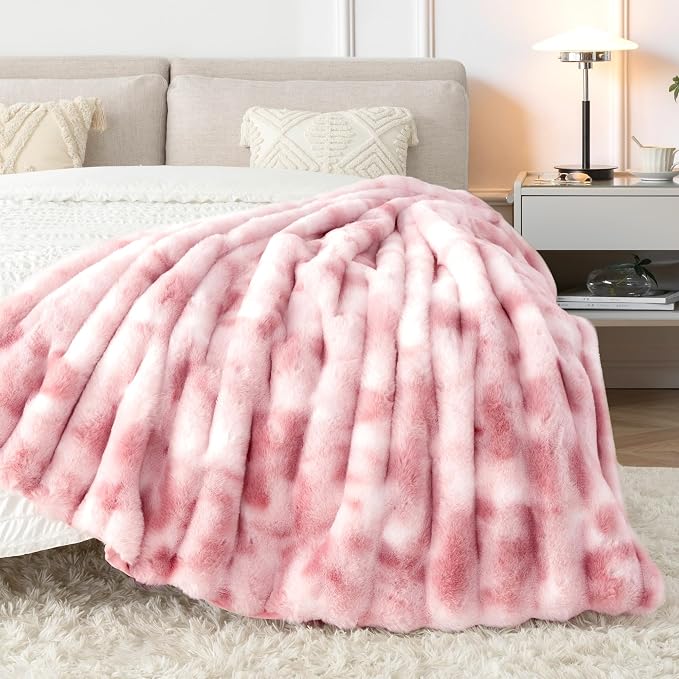 Luxury Faux Rabbit Fur Twin Blanket for Couch, Super Heavy Warm Cozy Throw for Sofa Bedroom Living Room, Ultra Soft Fluffy Reversible Plush Blankets for Home Decor Gifts, Tie-dye Pink