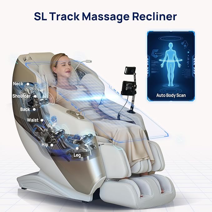 VAT Massage Chair Full Body VibroAcoustic Sonic Wave, SL-Track Zero Gravity Recliner with 25 Auto Modes, Smart Body Scan, Extendable Footrest, Reading Lamp, White