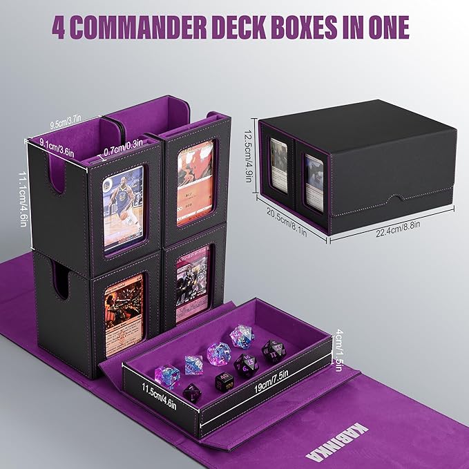 Kabinka Card Deck Box for MTG Commander, Holds 400+ Double-Sleeved Cards, 5 IN 1 Detachable Card Case with Dice Tray, Fits Magic/TCG Cards, 4 Magnetic Card Holders & Dividers (Black Purple)