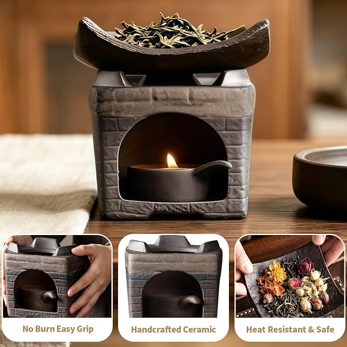 Tiiyee Ceramic Aromatherapy Stove Essential Oil Burner, Herb Burner & Candle Wax Melt Warmer with Tealight Holder Handmade Zen Incense Burner for Home Office Fragrance & Meditation Yoga & Relaxing