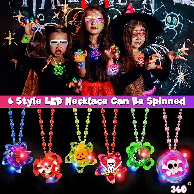 88 Pcs Halloween Party Favors, Halloween Toys Gifts for Kids, LED Rotating Necklaces Light Up Glasses Bracelets Led Rings Glow In The Dark Temporary Tattoos for Halloween Party Decorations Supplies