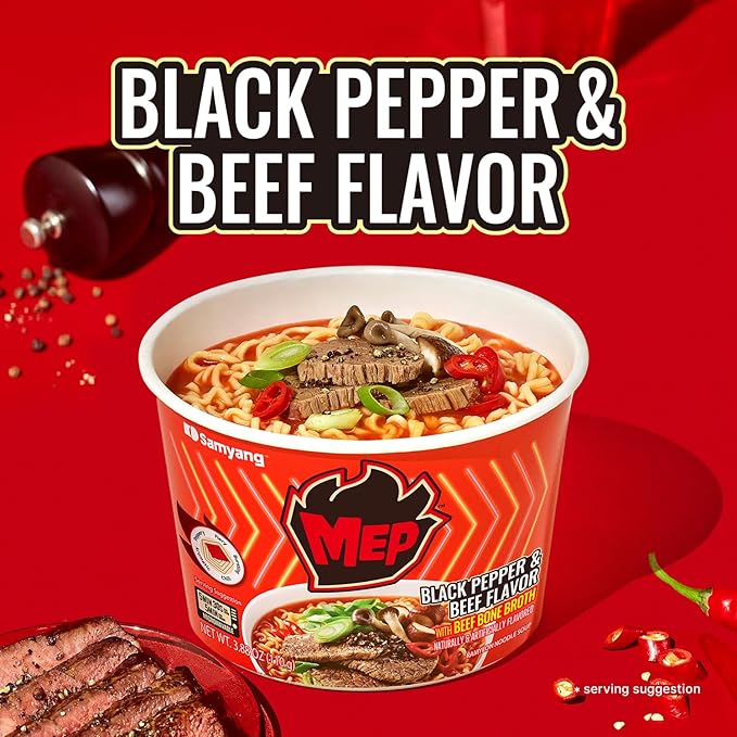 MEP Black Pepper Beef Korean Spicy Ramen Noodle Soup, 3.88 oz Bowls 6-Pack | Rich beef bone broth with aromatic black pepper kick; Chewy qq-texture noodles; Microwave-ready in minutes;