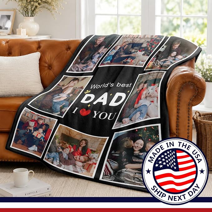 Fathers Day Birthday Gift for Dad Custom Blanket with 8 Photo & Text, Personalized Blankets with Picture to My Dad, HD Printing Customized Flannel Throw Blanket Gifts for Best Daddy Grandpa Ever