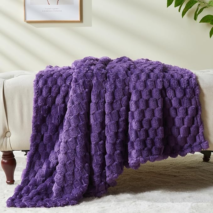 NEWCOSPLAY Super Soft Queen Blanket Purple Premium Silky Flannel Fleece 3D Clouds Stylish Jacquard Lightweight Bed Blanket All Season Use 350GSM (Purple, Queen(90"x90"))