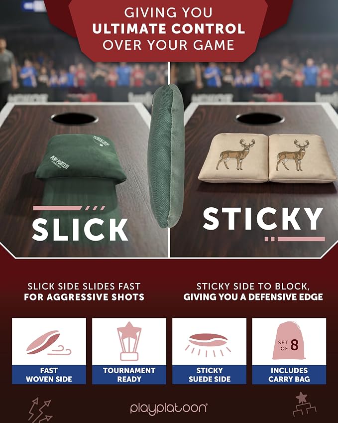 Play Platoon Pro Cornhole Bags Set of 8 - Professional Dual Sided Slick and Sticky Side Competition Corn Hole Bags - Tournament Series