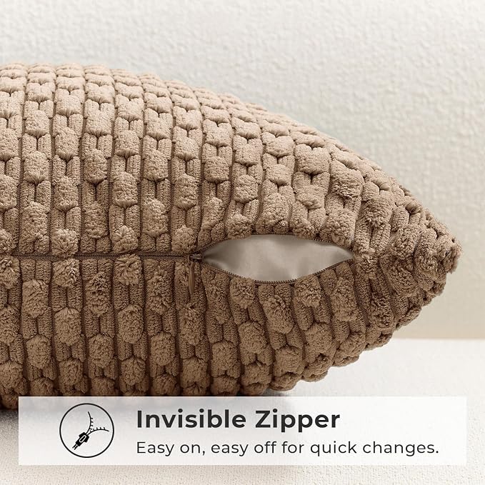 Kevin Textile Soft Corduroy 14"x24" Lumbar Pillow Cover 1 Pack, Khaki | Boho Stripe Plush Corduroy Decorative Oblong Cushion Cover Modern Farmhouse Home Decor for Sofa Couch Bed Chair