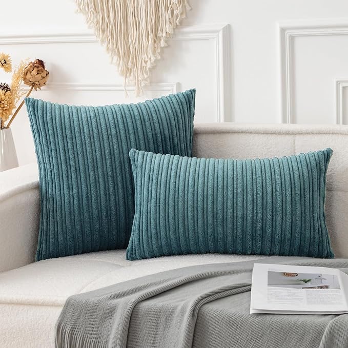 UGASA Velvet 12x20 Inch Lumbar Soft Throw Pillow Covers Decorative Corduroy Striped Both Sides Solid Rectangular Cushion Cases Boho Farmhouse for Couch Bedroom Sofa Home, Pack of 2, Blue Grey