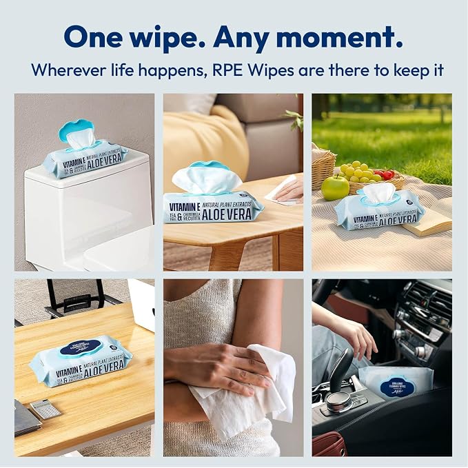 RPE Life Flushable Wet Wipes - 6 Large Packs (360 Ct) - Unscented Extra-Large Body & Hand Tissue with Vitamin E & Aloe - For Adults, Children & Kids - Ideal for Home, Bathroom, Car & Everyday Hygiene