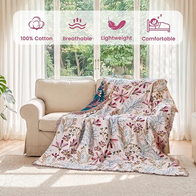MSGKV Boho Throw Blanket 50"x60" 100% Cotton Floral Throw for Couch Sofa | 100% Cotton Throw, Floral Pattern, Reversible Woven, Breathable Lightweight, Farmhouse Home Decor, Machine Washable