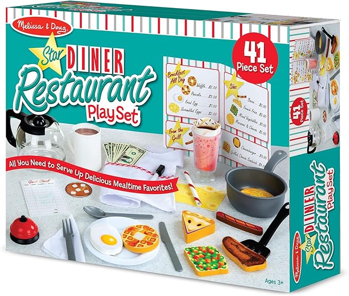 Melissa & Doug Star Diner Restaurant 41-Piece Play Set with Toy Food, Cookware & Play Kitchen Accessories, Preschool Learning Toys for Girls & Boys 3+