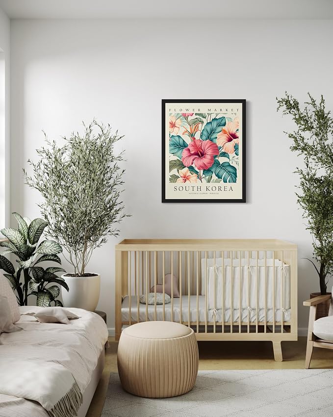 South Korea, Hibiscus Art Print Poster, Flower Market Wall Art, Floral Artwork Decor for Bedroom, Kitchen, Bathroom, Livingroom Decoration 52 (South Korea, Hibiscus, 14"L x 11"W, Black Frame)