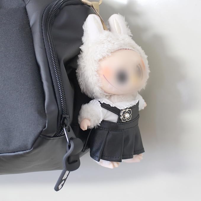 17cm Doll Clothes ,Black and White Cute Dress Outfit fits Labubu Girl- Chic Leather Overalls Skirt