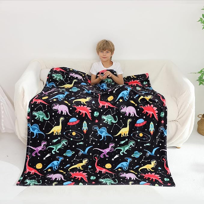 Softan Kids Throw Blanket for Girls & Boys, Warm Soft Toddler Flannel Blankets for Sofa Couch Bed， Cozy Fuzzy Plush Flannel Kids Throw Blanket for Daycare & School - Space Dinosaur 50x60 inches