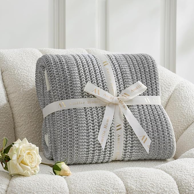 Amélie Home Premium Chenille Throw Blanket, Soft Cozy Luxury Two-Tone Knit Blanket for Couch, Sofa, Chair, Home Decor, Grey & Ivory 50"x60"