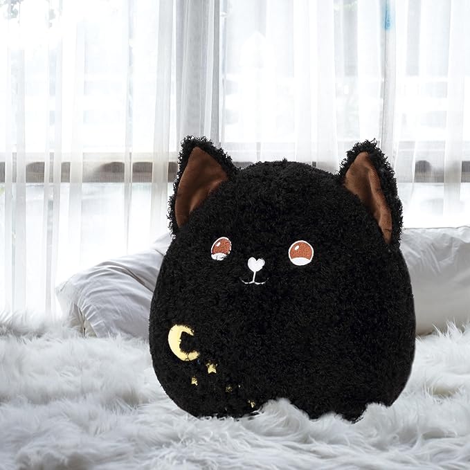Easfan Black Cat Plush Pillow Soft Plush Toy Cute Good Sleep Stuffed Animal Home Room Decoration Best Wish Birthday Gifts for Girls Boys Kids,12"
