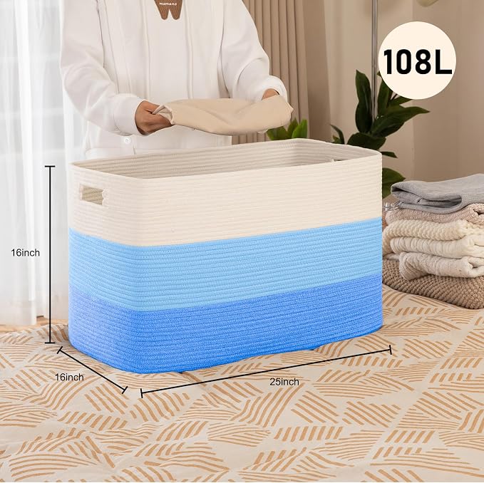 OIAHOMY 108L Super Large Blanket Basket, 25”x16”x16” Rectangle Woven Baskets for Storage, Cotton Rope Basket For Living Room, Toy Storage with Handle - Gradient Light Blue