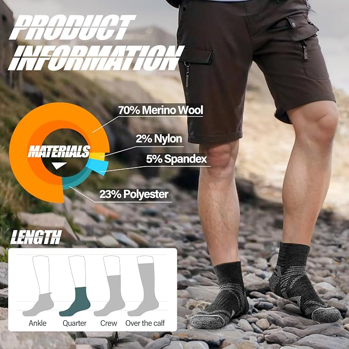 ANTSANG 6 Pairs Merino Wool Quarter Ankle Hiking Running Socks Compression Thermal Thick Cushion Socks for Women Men