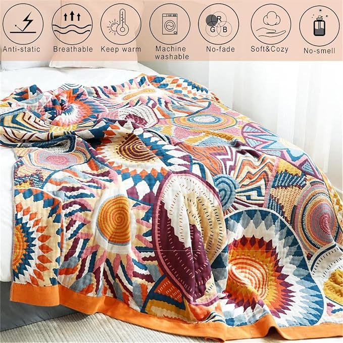 MSGKV Boho Throw Blanket for Bed 60"x80" 100% Cotton Twin Throw Couch Sofa | 100% Cotton Throw, Twin Size Blanket, Reversible Woven, Summer Breathable, Lightweight Comfort, Home Decor, Machine Washable